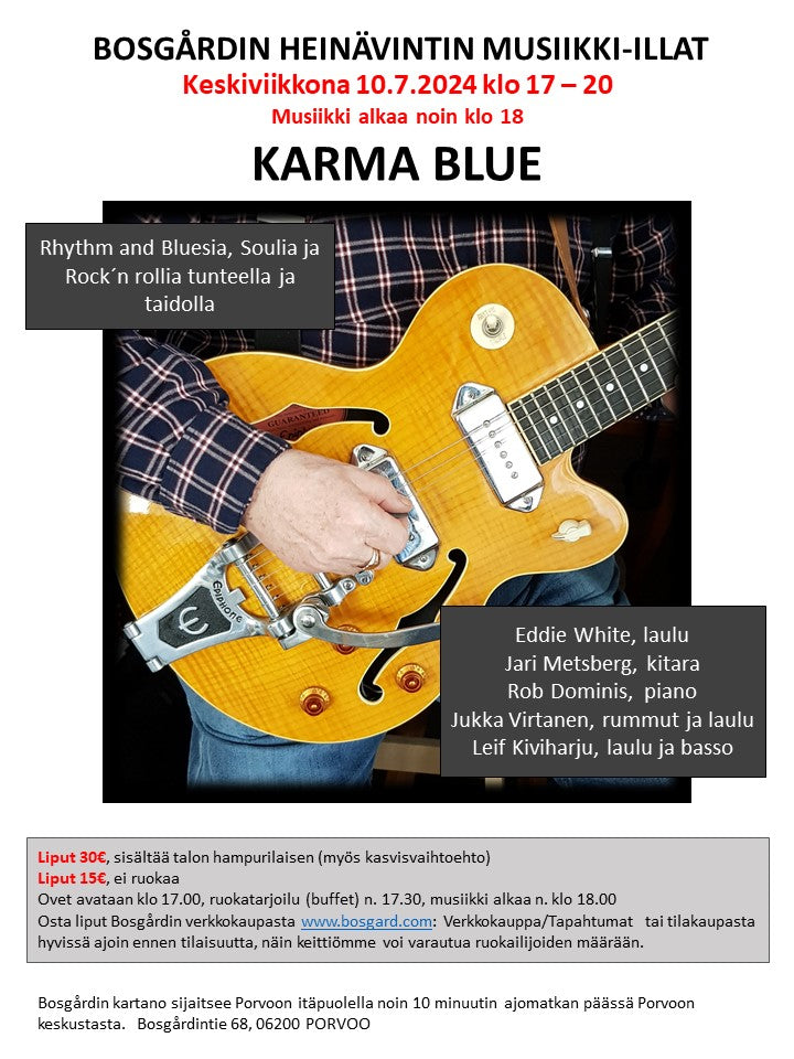 Karma Blue konsertti 10.7 klo 17-20 (hintaan sisältyy talon hampurilainen (myös kasvisvaihtoehto)