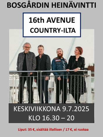 16th Avenue Country ilta keskiviikkona 9.7.2025 klo 16.30-20. Pääsylippu + ruoka
